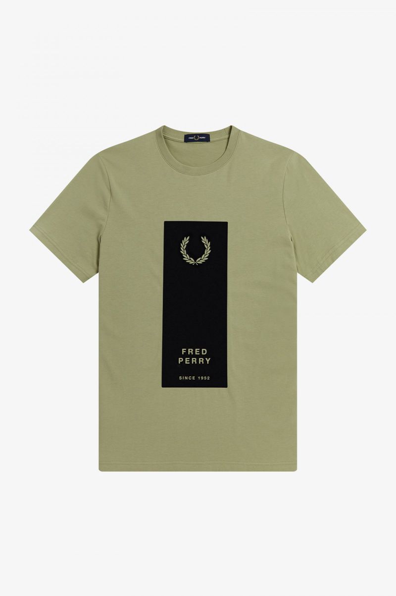 Men's Fred Perry Block Print T-Shirts Olive Green | 0784231-WM