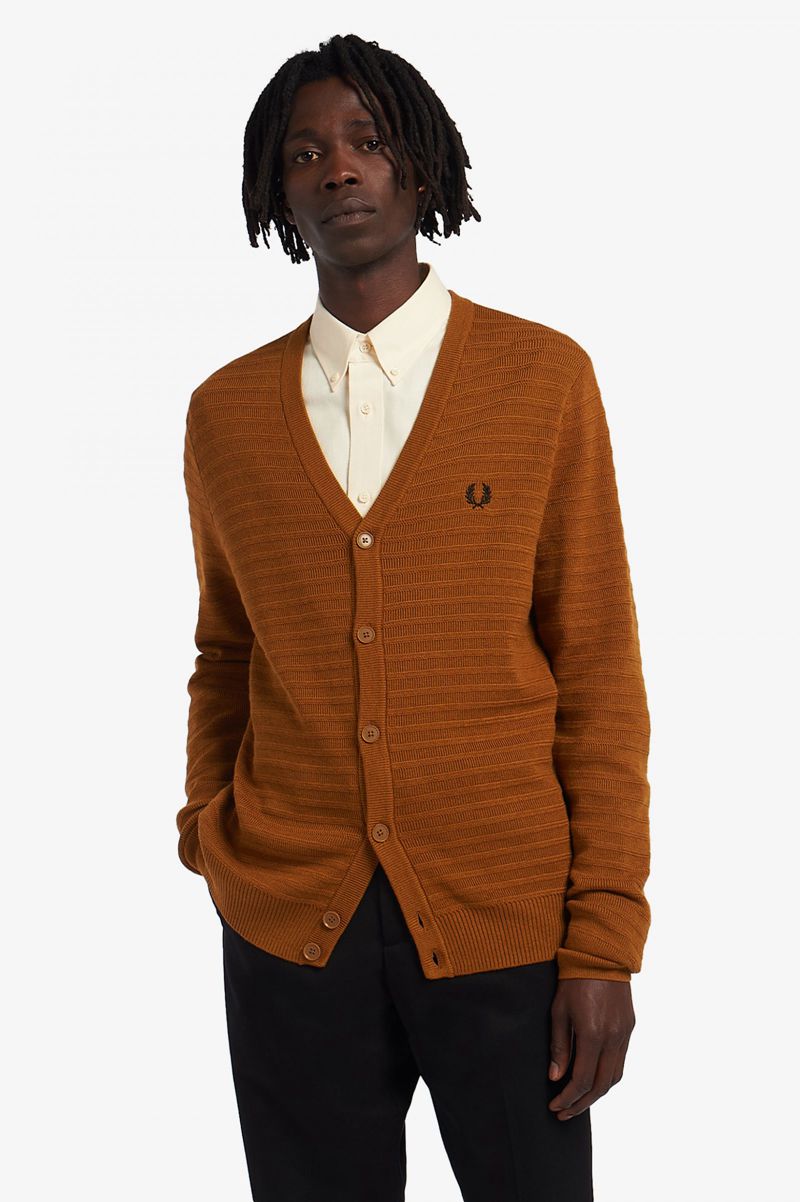 Men's Fred Perry Chevron Textured Cardigan Knitwear Camel | 3914052-CN