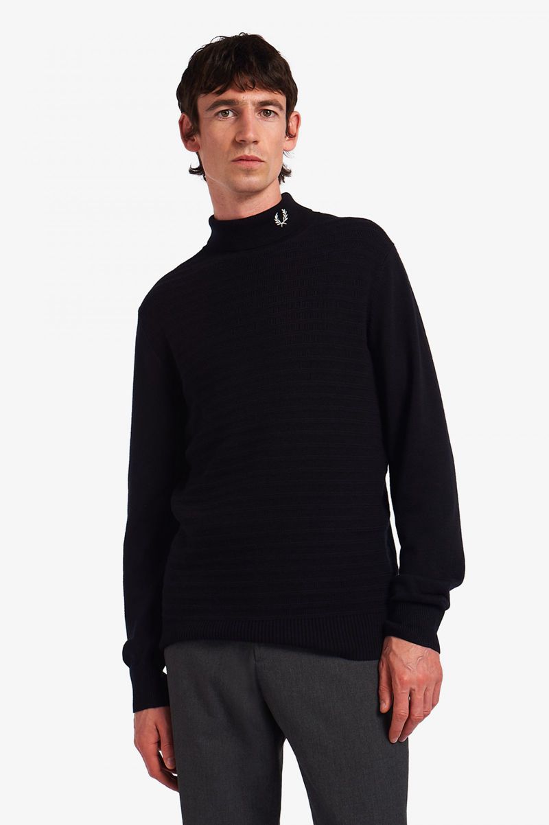 Men's Fred Perry Chevron Textured Roll Neck Jumper Knitwear Black | 9806731-LU