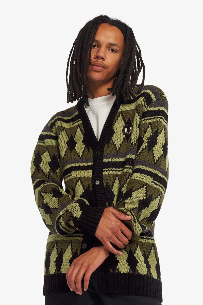 Men's Fred Perry Chunky Jacquard Cardigan Knitwear Olive Green | 4906812-BJ