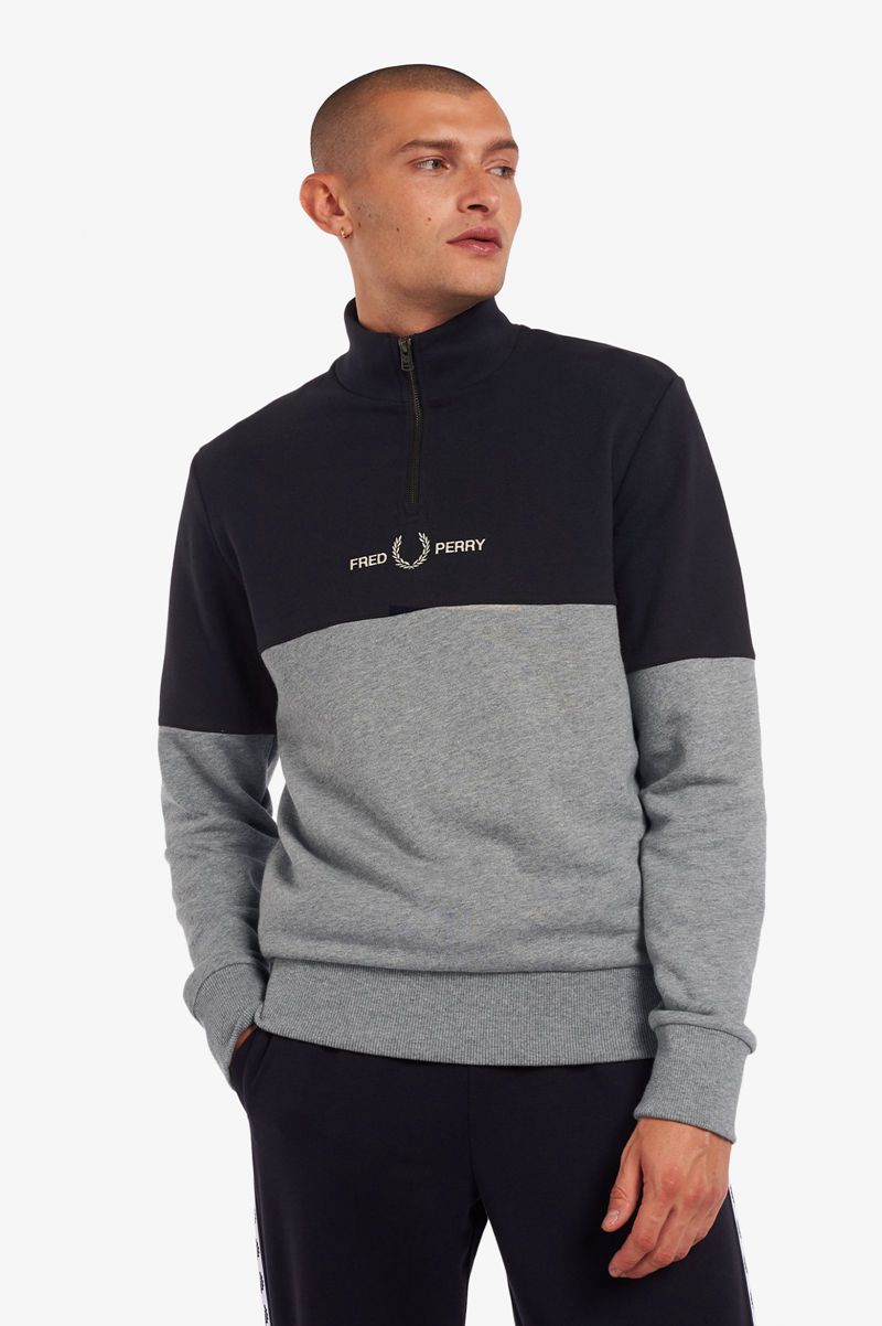 Men's Fred Perry Colour Block Half Zip Sweatshirts Grey | 1867590-PH