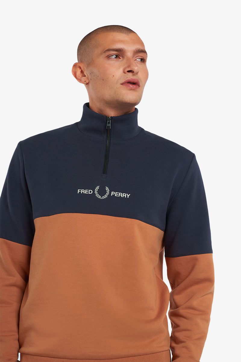 Men's Fred Perry Colour Block Half Zip Sweatshirts Bronze | 6597413-AB