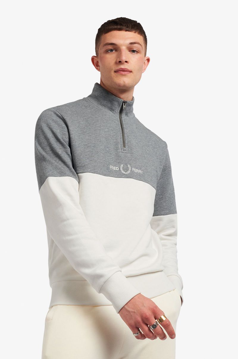 Men's Fred Perry Colour Block Half Zip Sweatshirts White | 9851402-XY