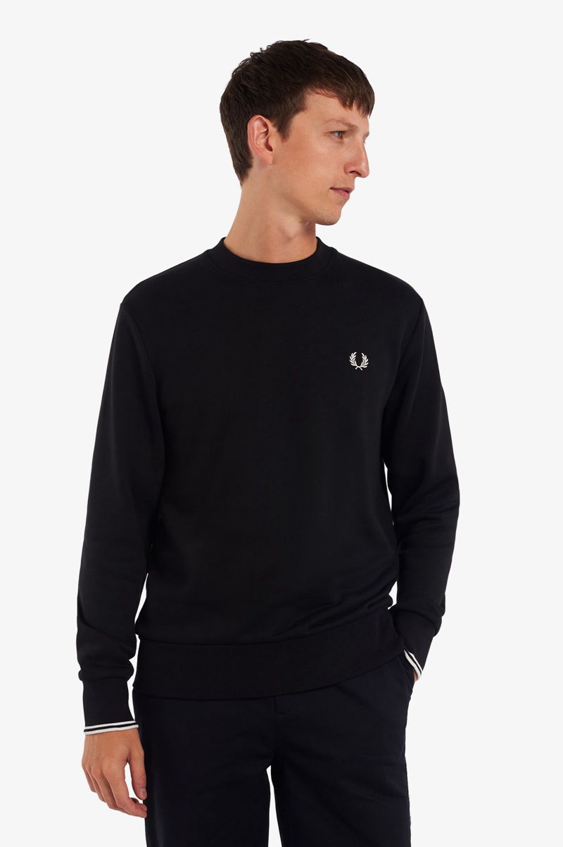 Men's Fred Perry Crew Neck Sweatshirts Black | 3702951-XS