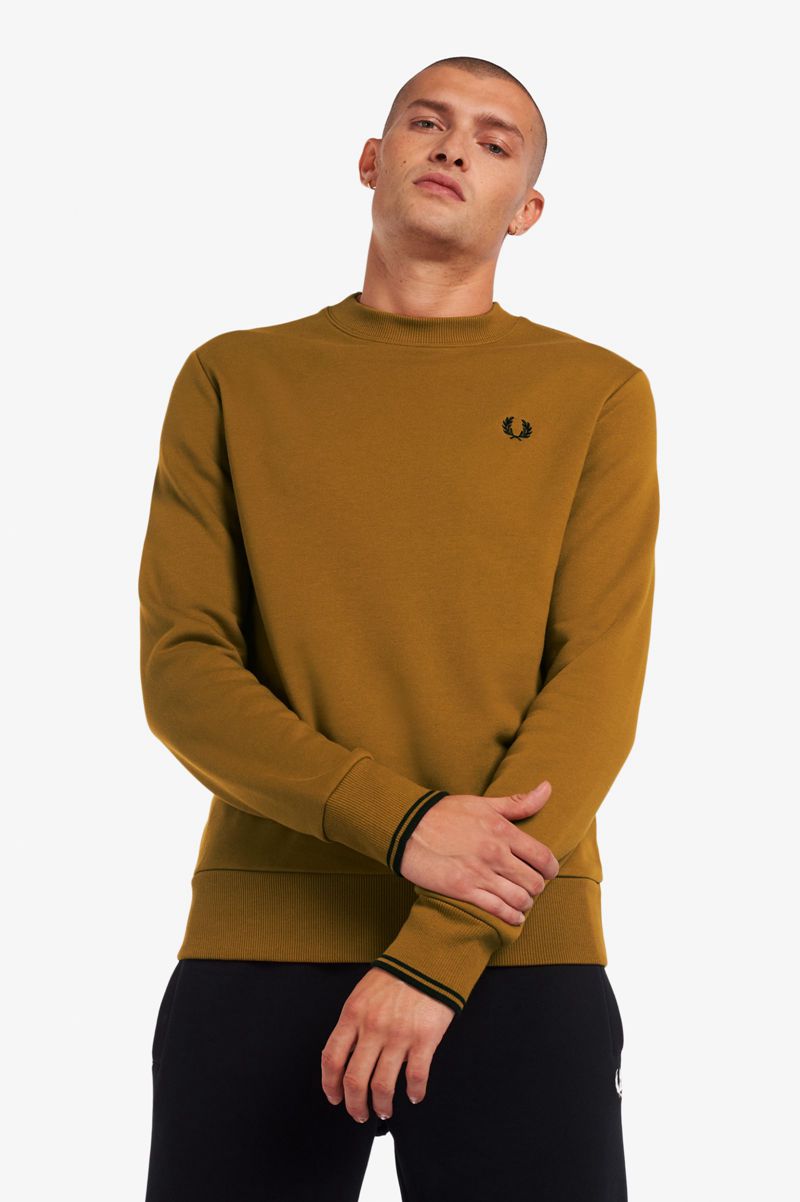 Men's Fred Perry Crew Neck Sweatshirts Camel | 1032698-VG