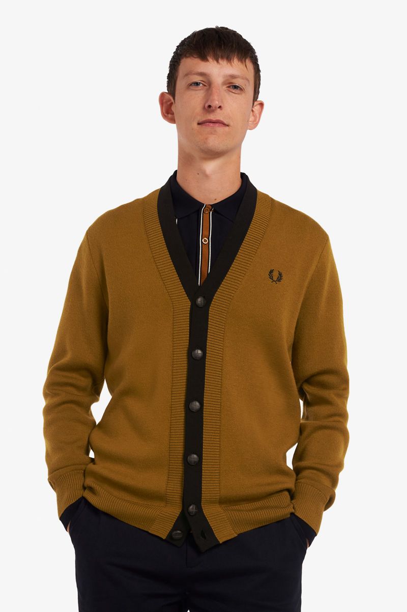 Men's Fred Perry Double Placket Cardigan Knitwear Camel | 3562094-WQ