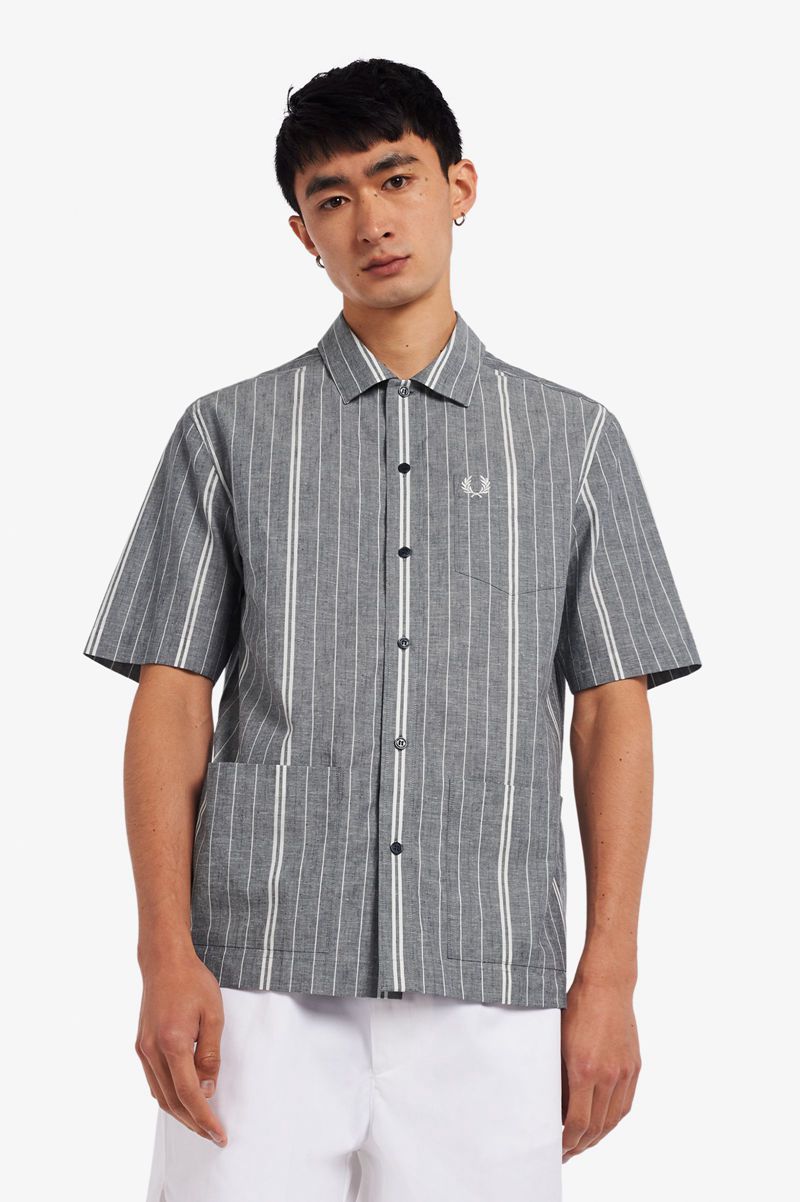 Men's Fred Perry Fine Stripe Shirts Navy | 8502173-BN