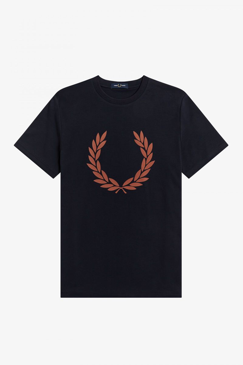 Men's Fred Perry Flock Laurel Wreath T-Shirts Navy | 4807639-LU