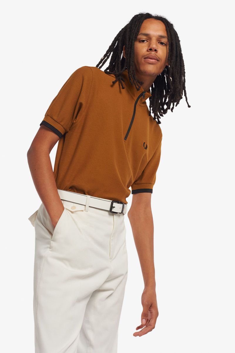 Men's Fred Perry Funnel Neck Polo Shirts Camel | 4091258-AX