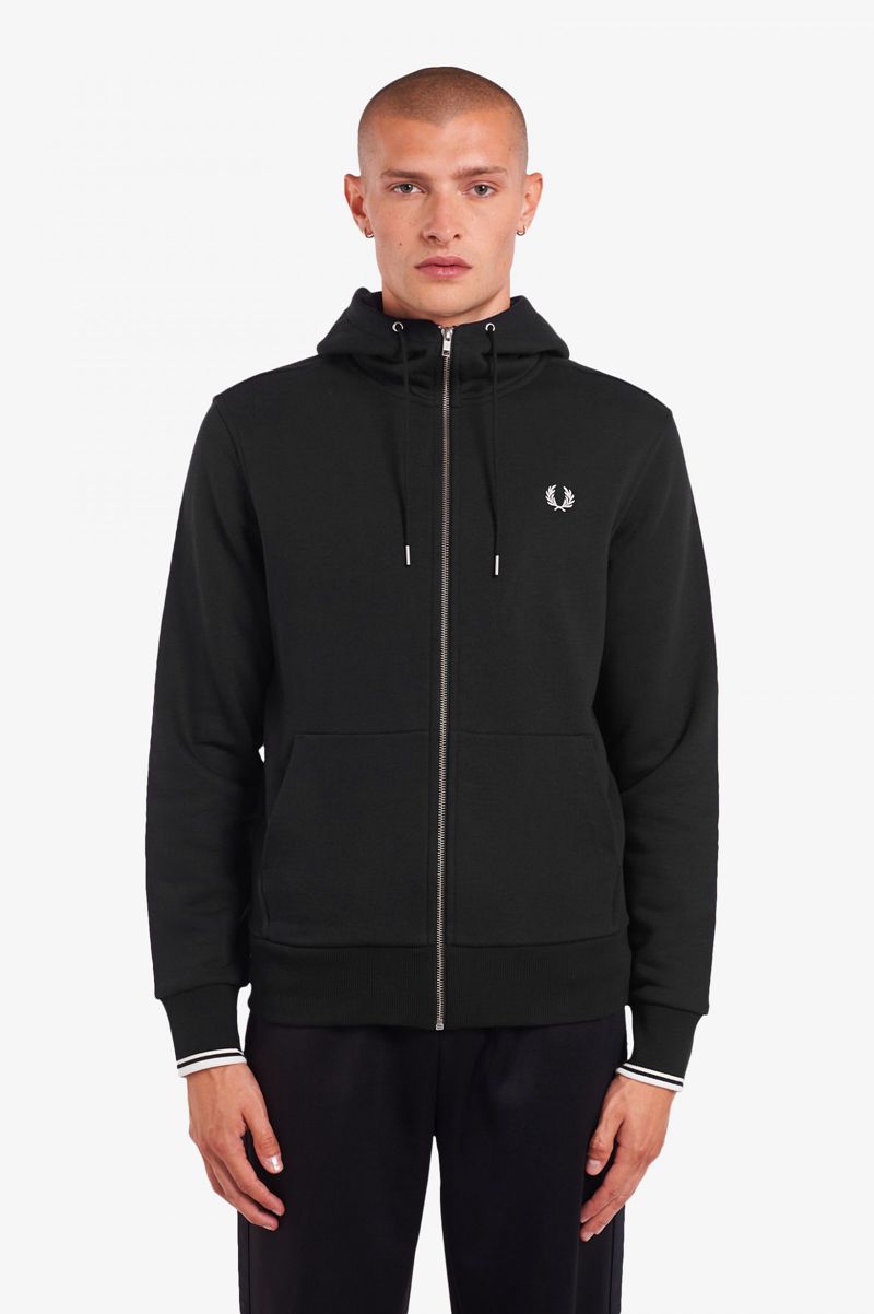 Men's Fred Perry Hooded Zip Through Sweatshirts Black | 3986107-MY