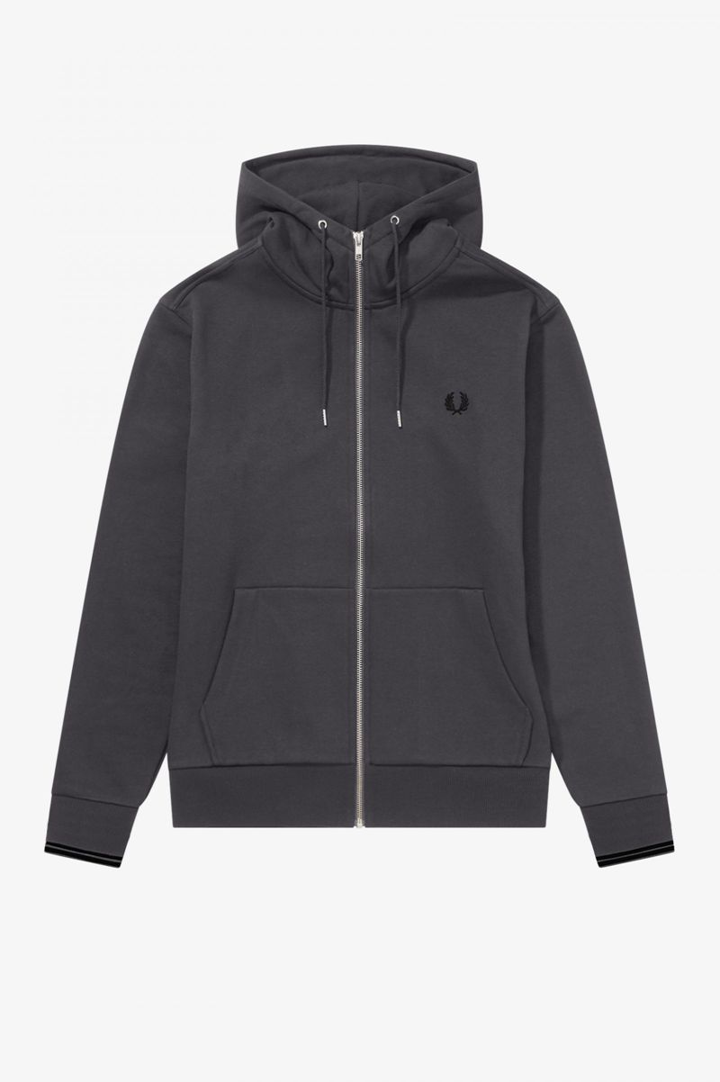 Men's Fred Perry Hooded Zip Through Sweatshirts Black | 8123760-ZT