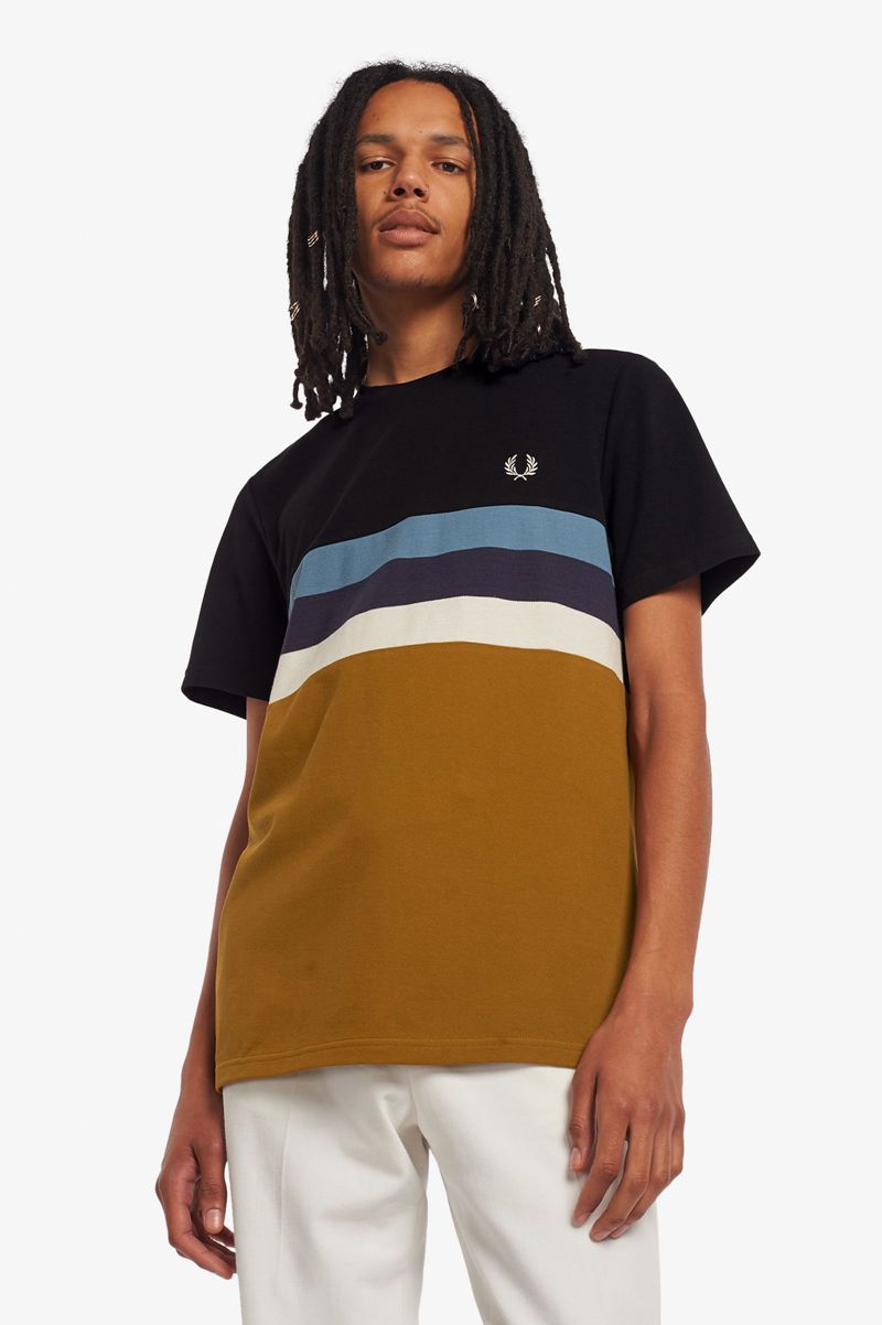 Men's Fred Perry Panelled Stripe T-Shirts Camel | 1789426-TS