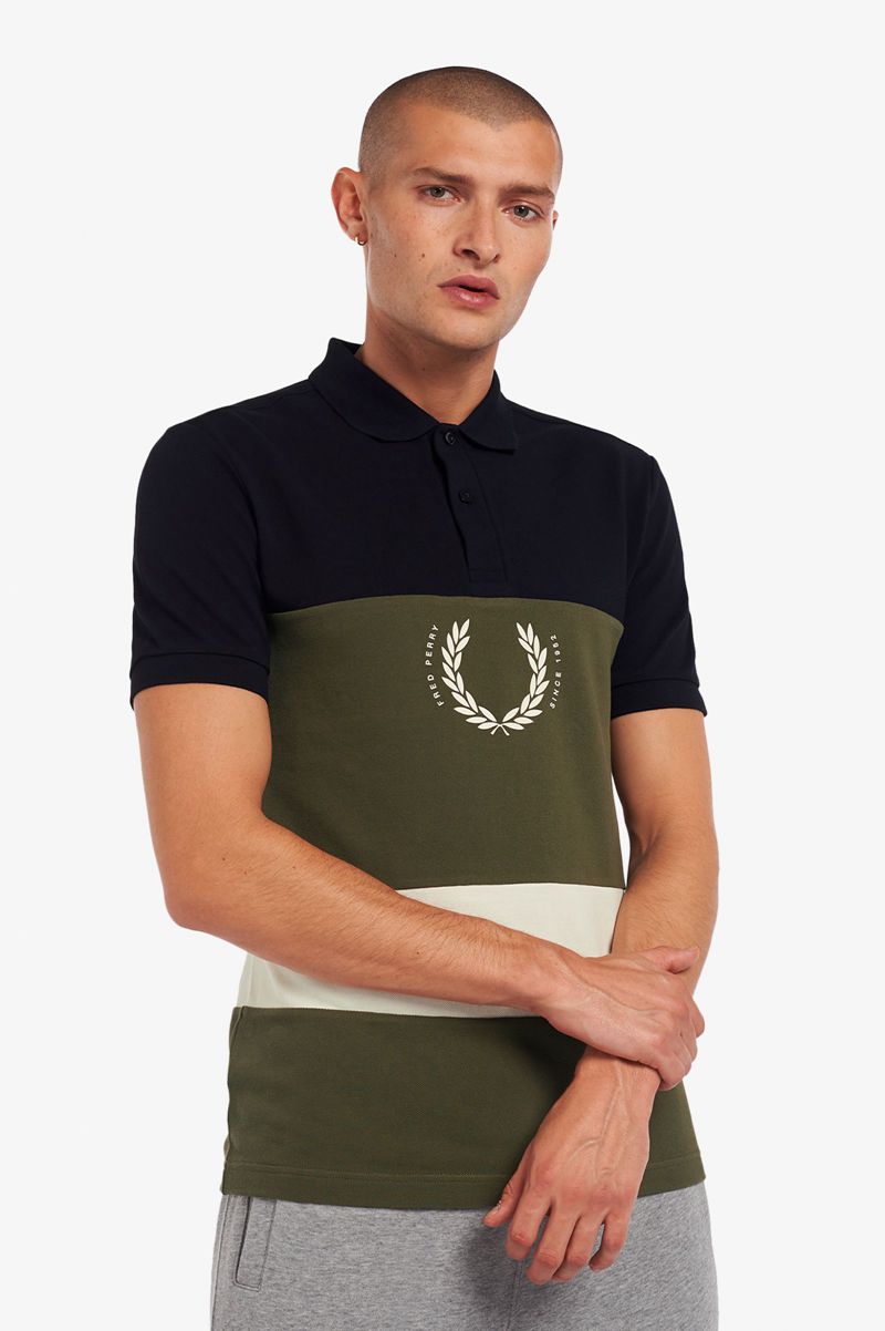 Men's Fred Perry Printed Colour Block Polo Shirts Navy | 5427316-FH