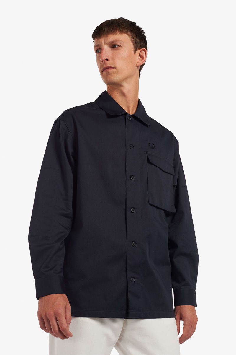 Men's Fred Perry Reinforced Patch Overshirt Shirts Navy | 1384905-AI