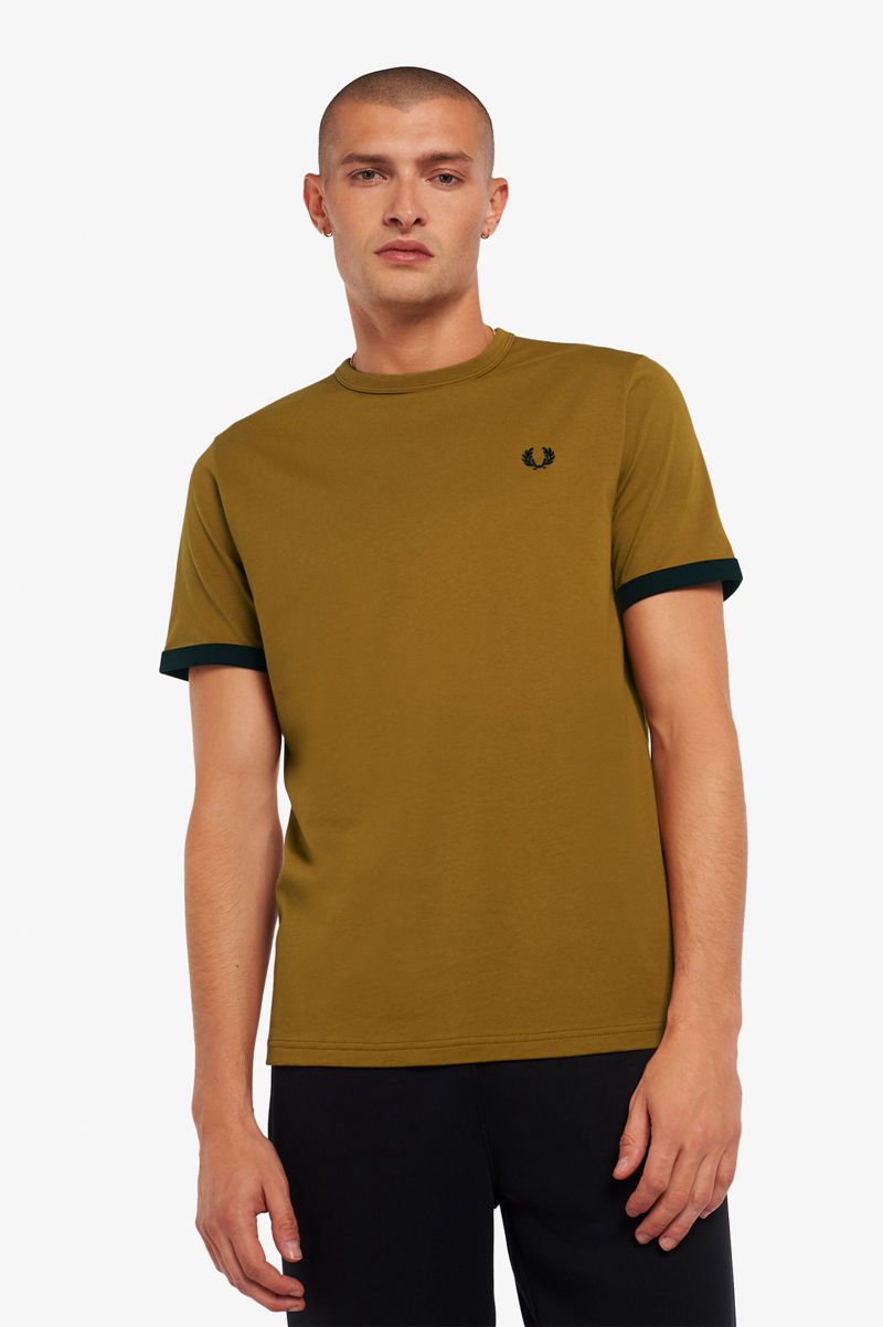 Men's Fred Perry Ringer T-Shirts Camel | 8924310-AL