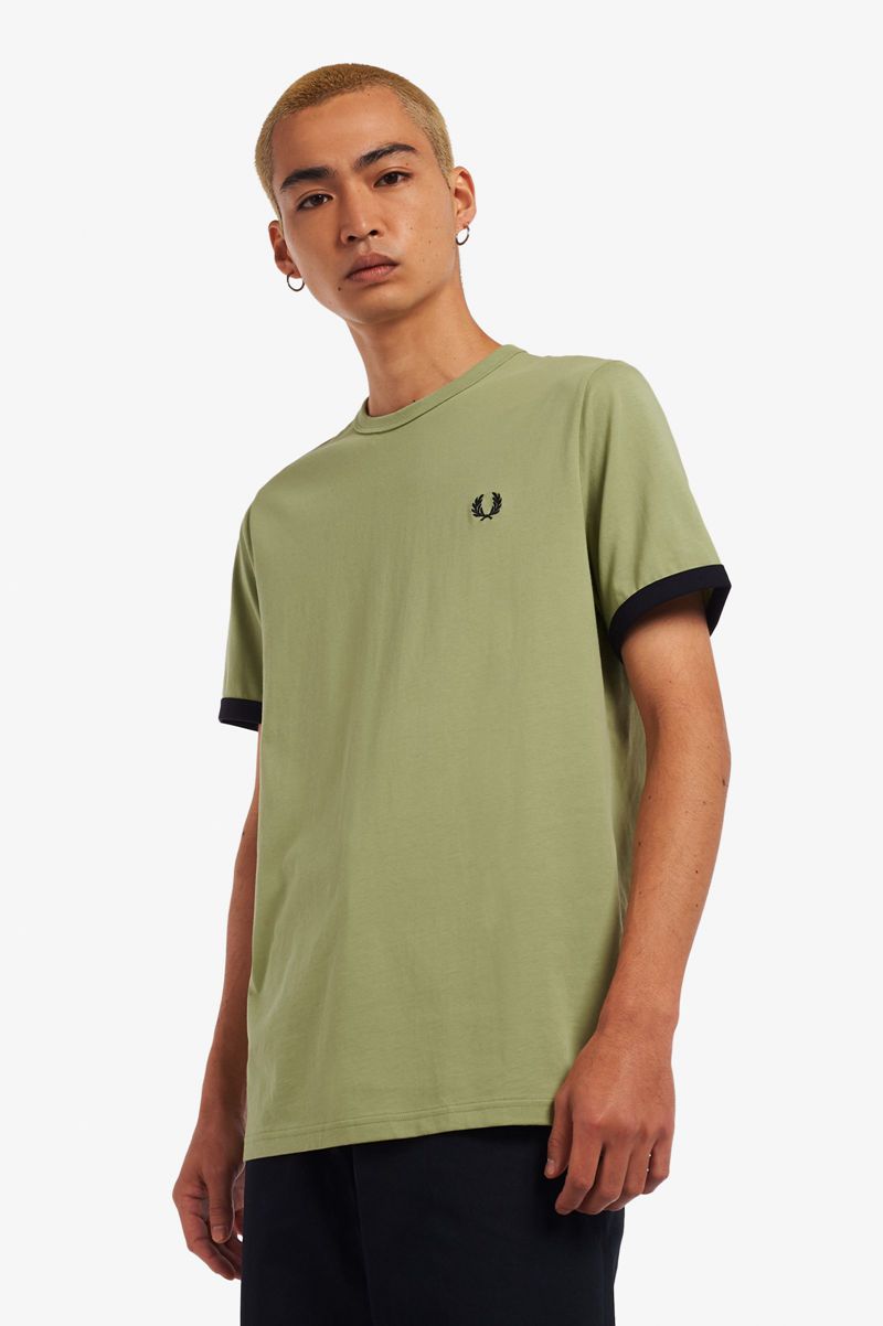 Men's Fred Perry Ringer T-Shirts Olive Green | 0369814-IQ