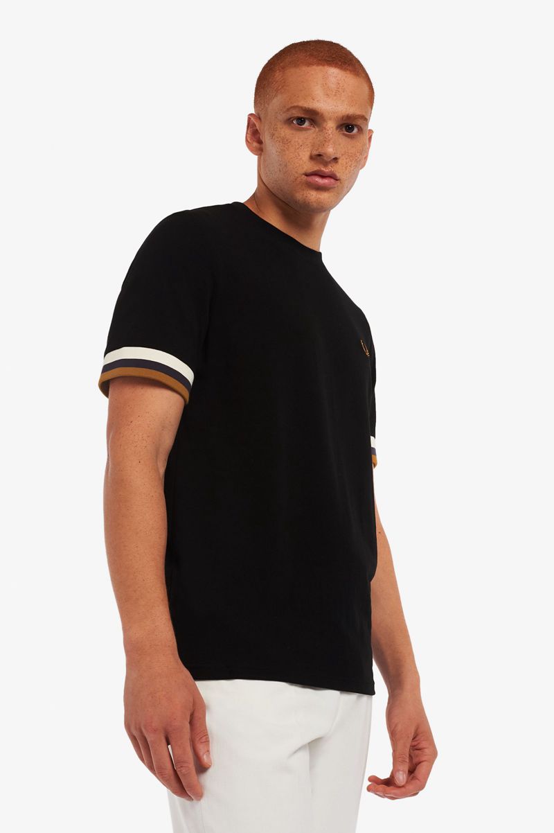 Men's Fred Perry Striped Cuff Piqué T-Shirts Black | 3920618-QU