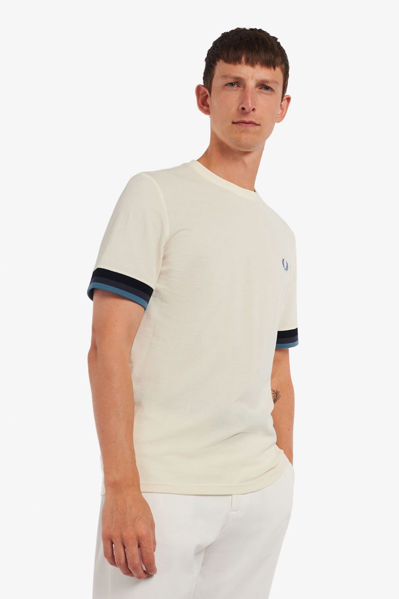 Men's Fred Perry Striped Cuff Piqué T-Shirts White | 7316429-AM