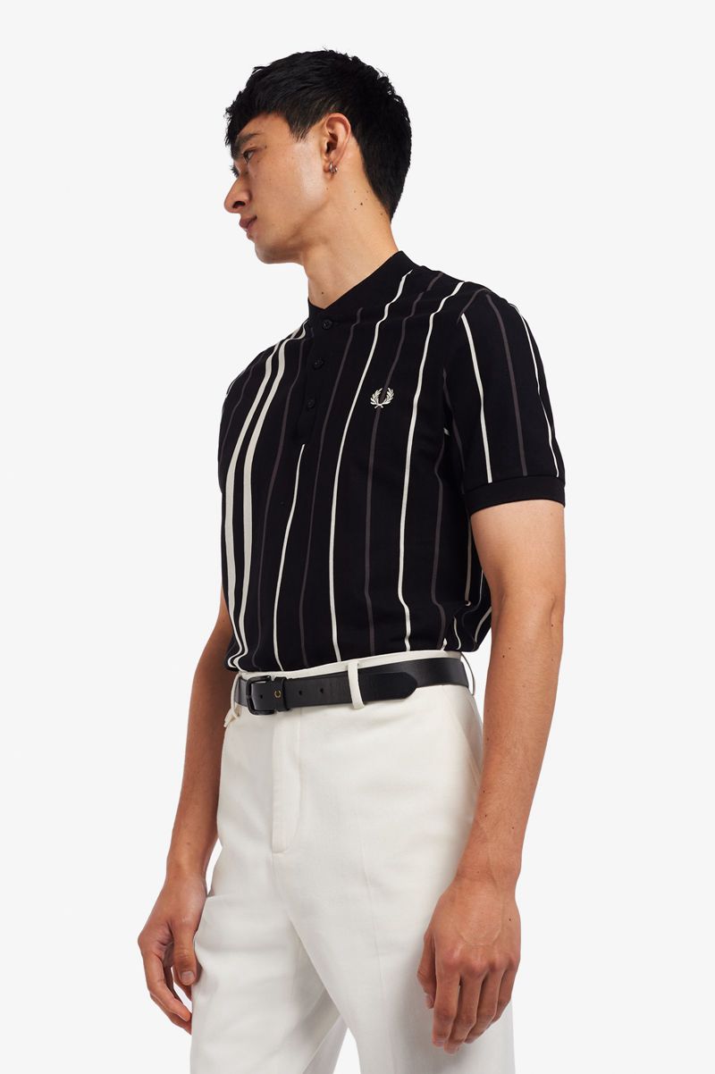 Men's Fred Perry Striped Henley Polo Shirts Black | 1487263-GY