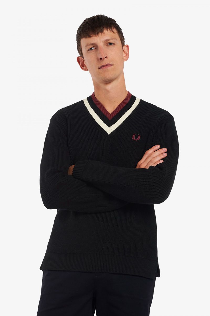 Men's Fred Perry Striped V-Neck Jumper Knitwear Black | 4971086-ML