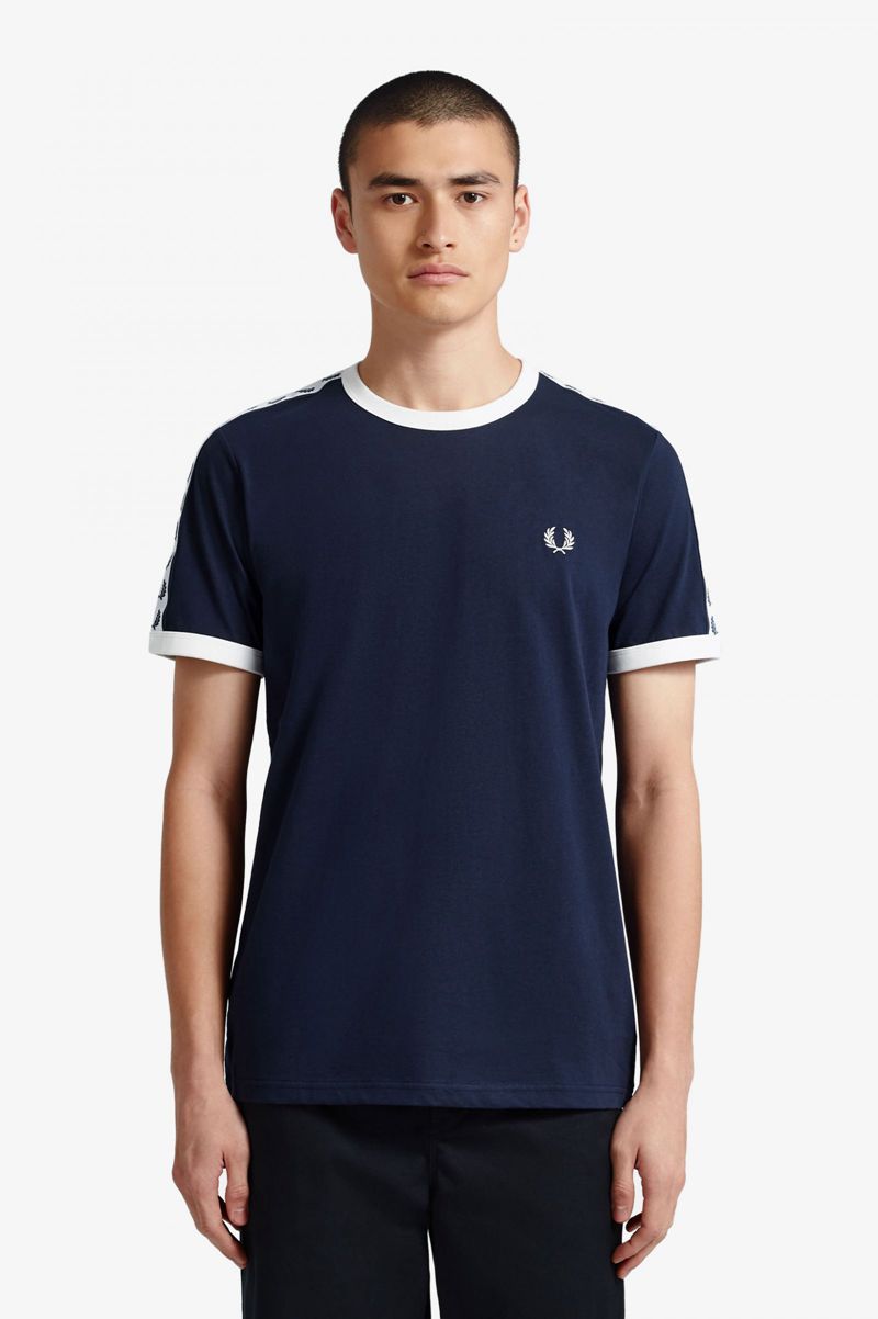 Men's Fred Perry Taped Ringer T-Shirts Dark Grey Blue | 3069815-KE