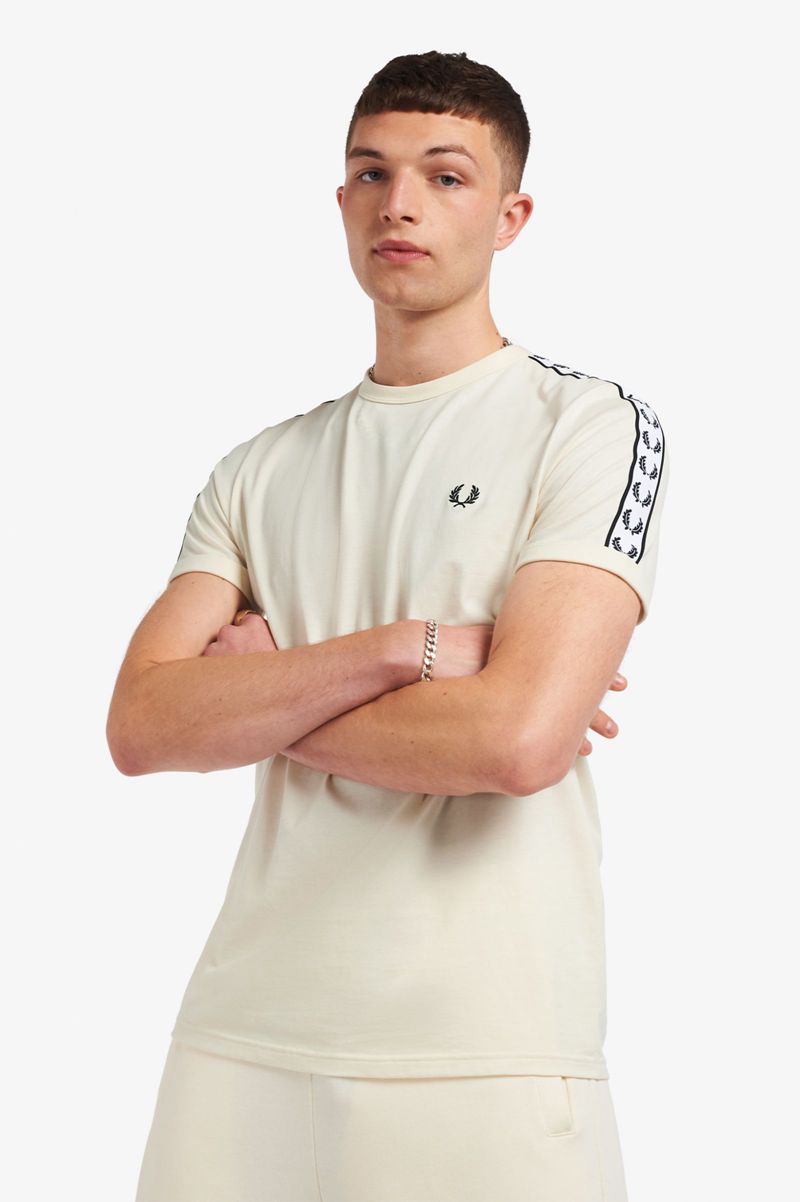 Men's Fred Perry Taped Ringer T-Shirts White | 7028154-GQ