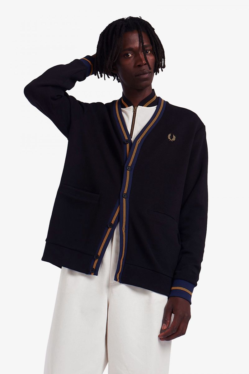 Men's Fred Perry Tipped Piqué Textured Cardigan Sweatshirts Black | 0279536-LM