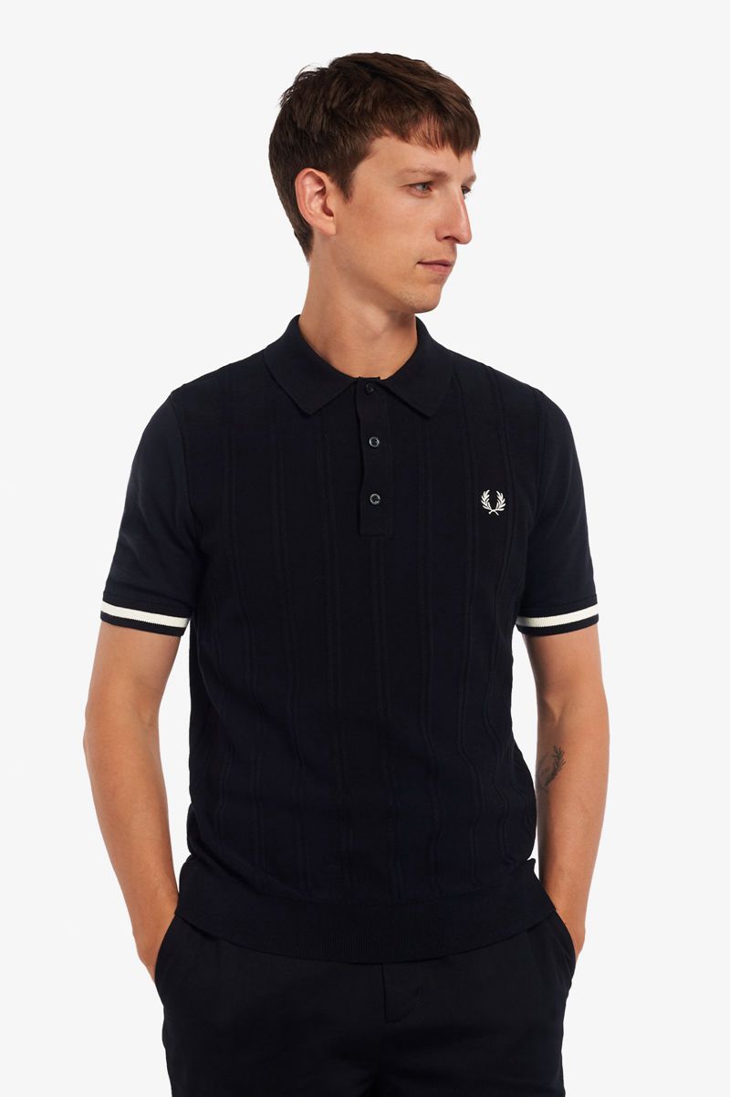 Men's Fred Perry Tipping Texture Knitted Shirts Black | 9865174-TL