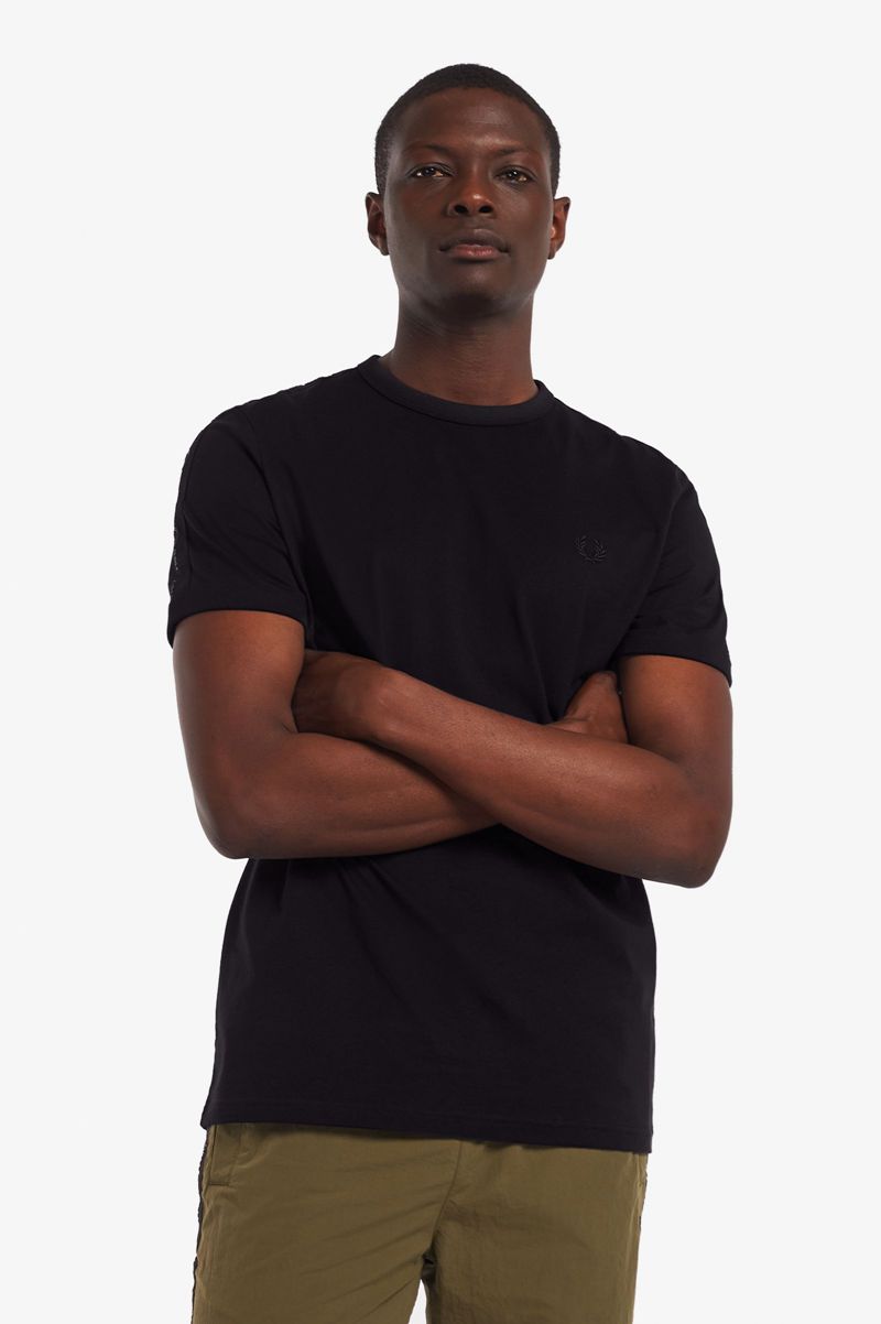 Men's Fred Perry Tonal Tape Ringer T-Shirts Black | 5063279-HZ