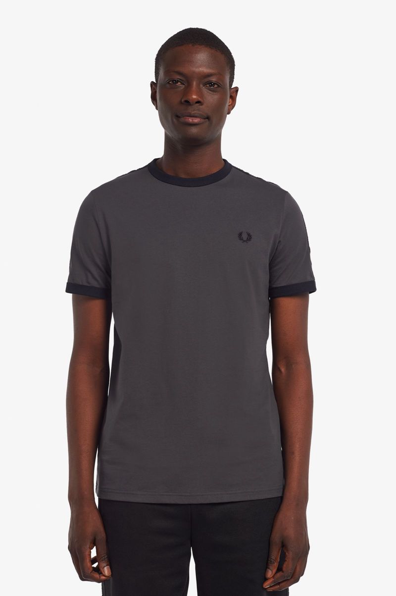 Men's Fred Perry Tonal Tape Ringer T-Shirts Black | 5934876-TK