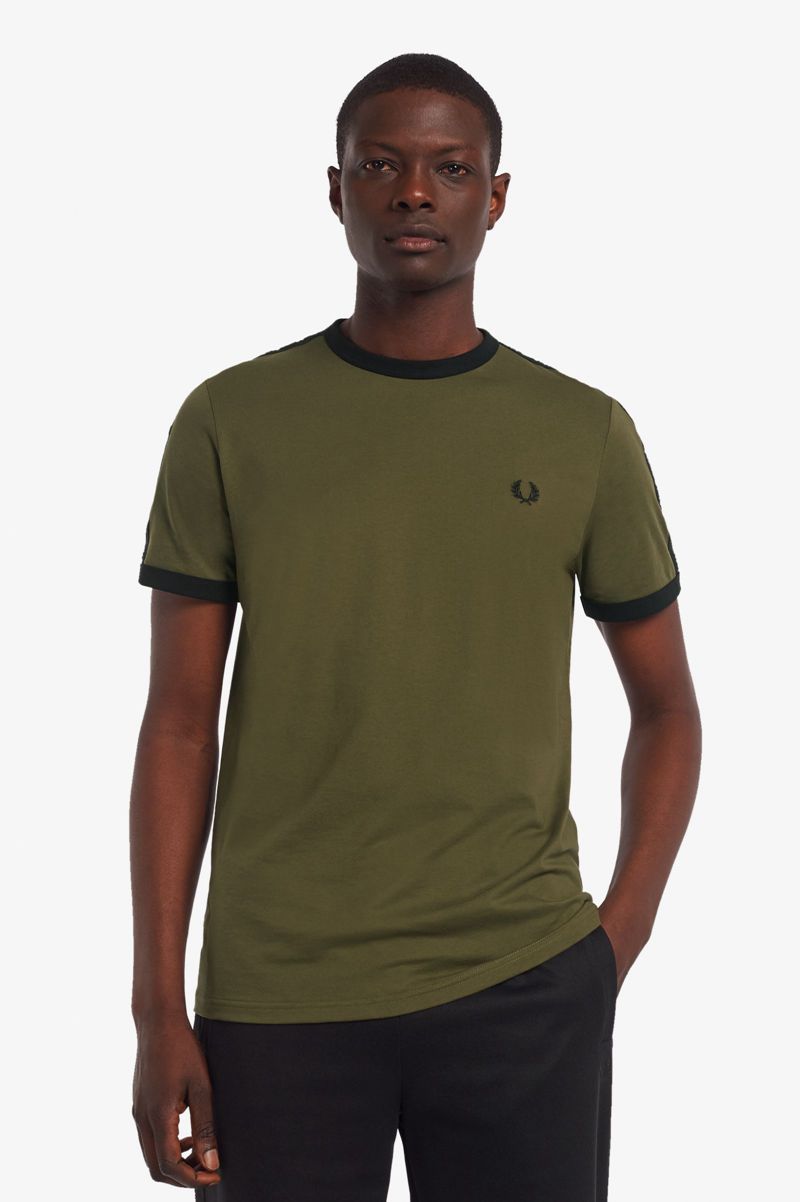 Men's Fred Perry Tonal Tape Ringer T-Shirts Green | 9837541-PO