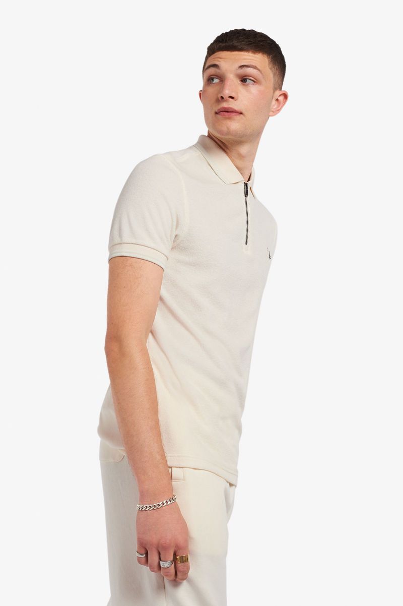 Men's Fred Perry Towelling Zip Neck Polo Shirts White | 7542108-UC