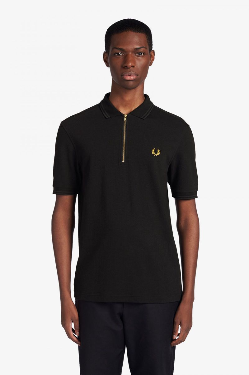 Men's Fred Perry Zip Neck Polo Shirts Black | 9740512-RP