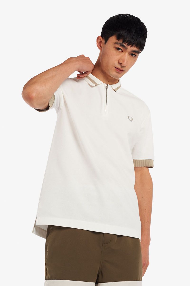 Men's Fred Perry Zip Neck Polo Shirts White | 2318495-NV