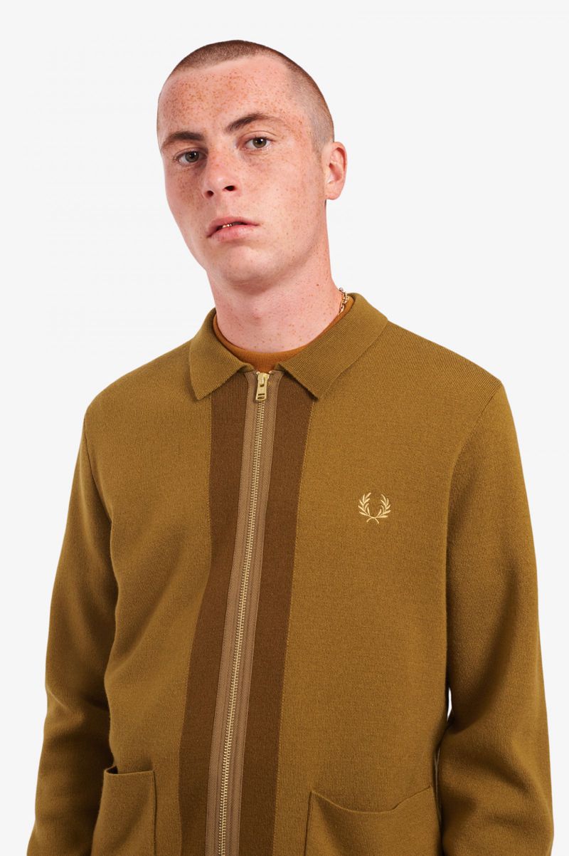 Men's Fred Perry Zip Through Cardigan Knitwear Camel | 1275063-MZ