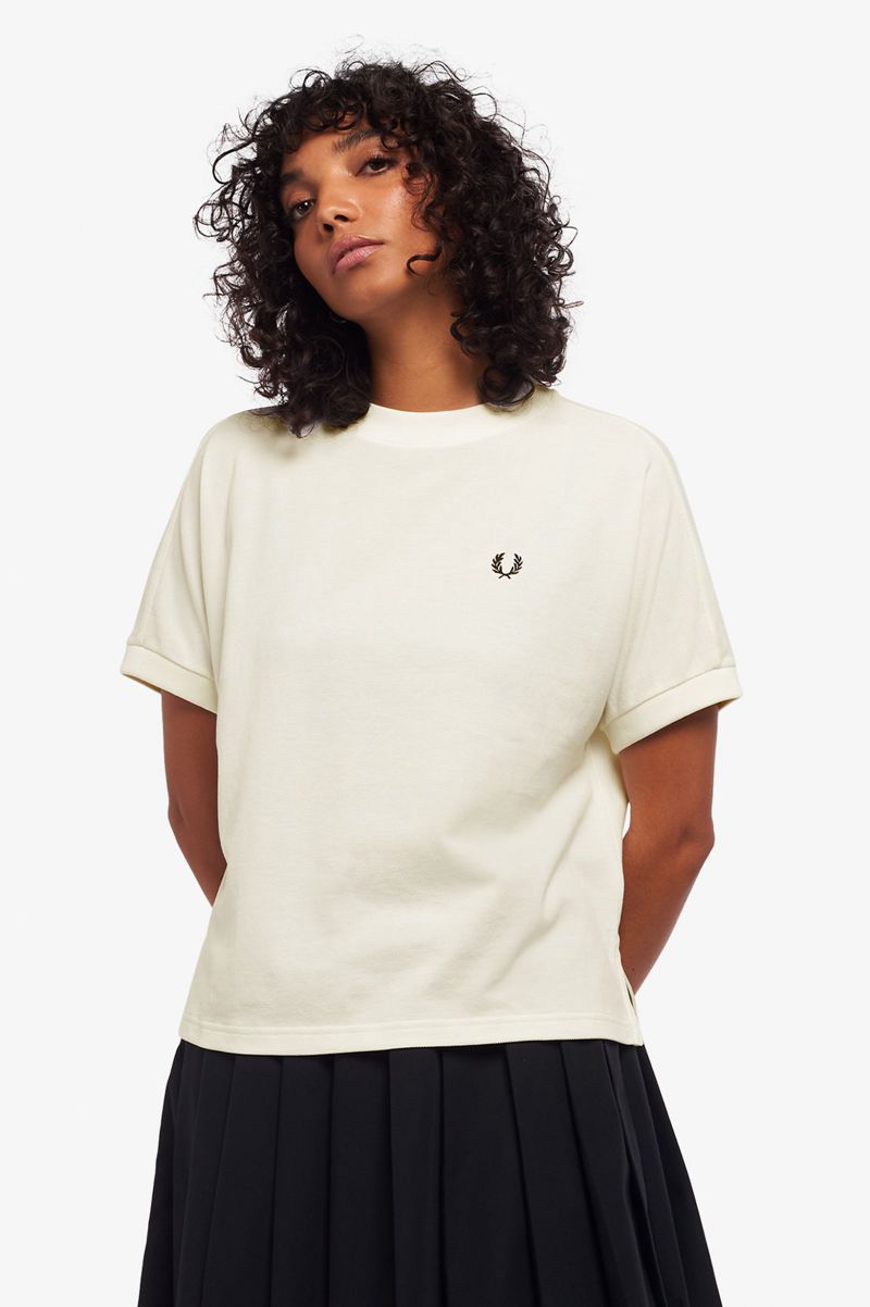 Women's Fred Perry Boxy Piqué T-Shirts White | 4037198-BF