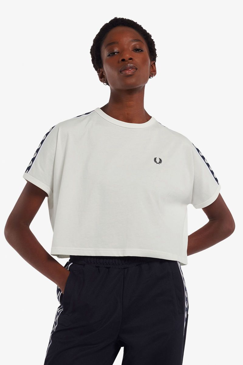 Women's Fred Perry Cropped Taped Ringer T-Shirts White | 0359681-XJ