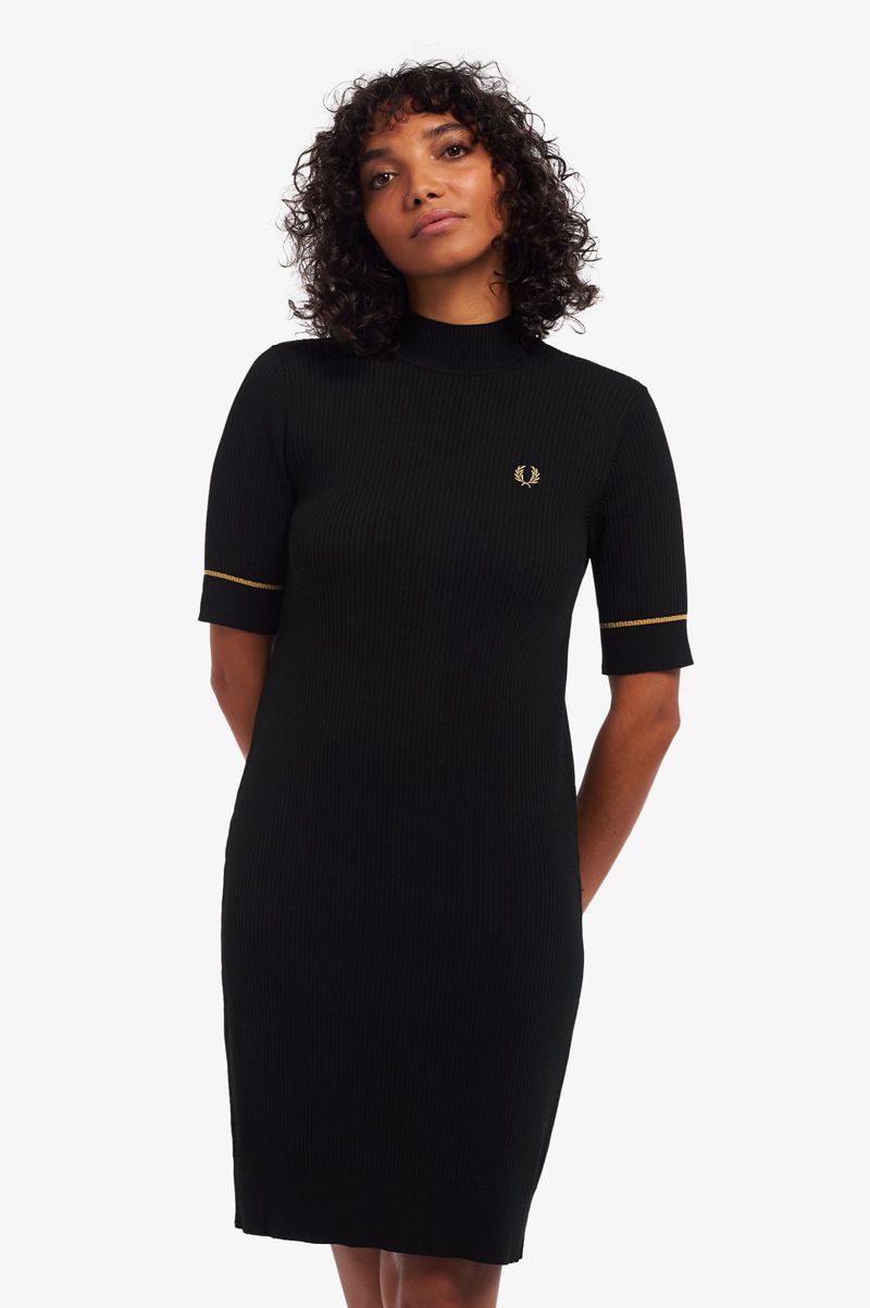 Women's Fred Perry Ribbed Knitted Dresses Black | 8649325-JR