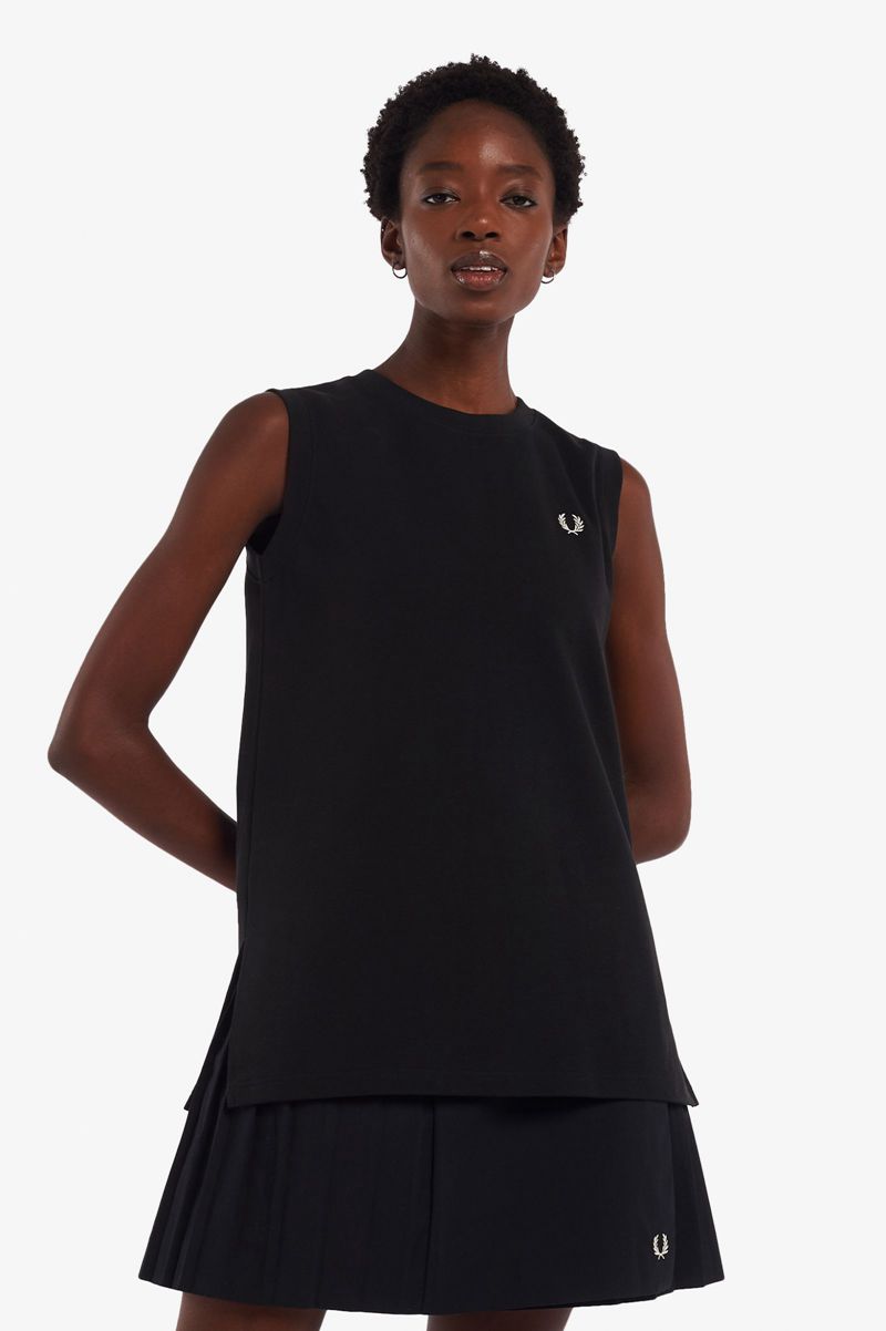 Women's Fred Perry Sleeveless Ringer T-Shirts Black | 5297314-WE