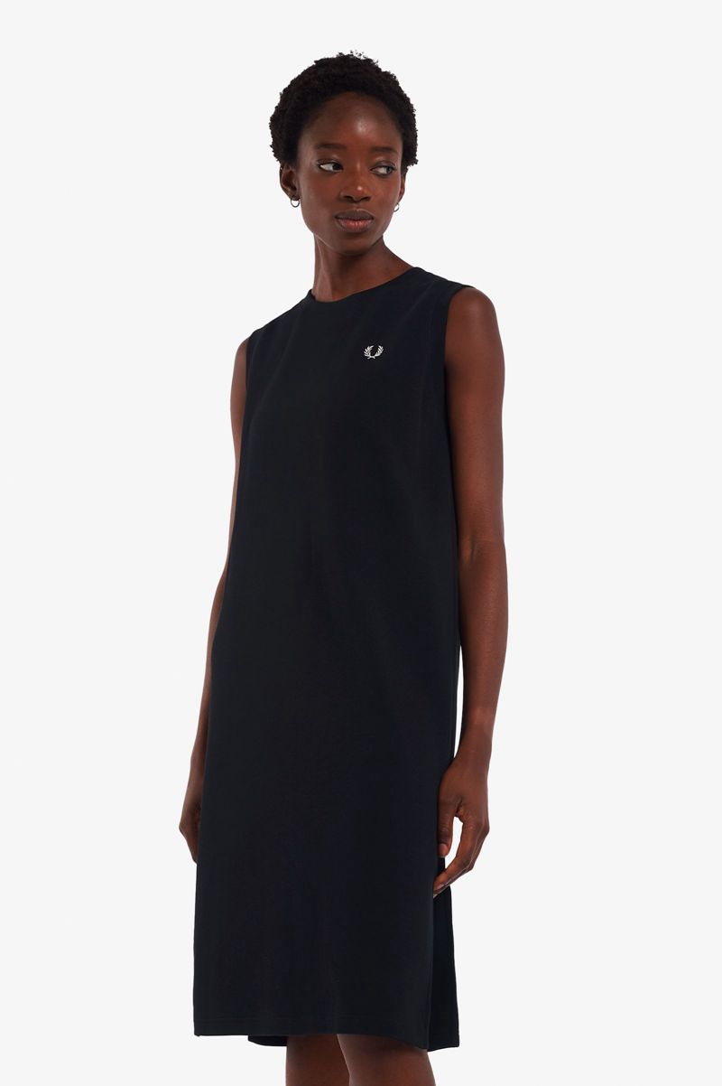 Women's Fred Perry Sleeveless Ringer T-Shirt Dresses Black | 8634790-WG