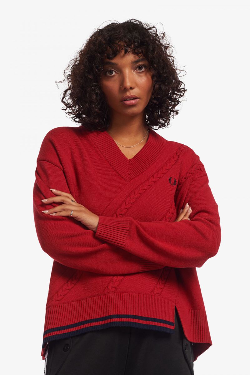 Women's Fred Perry Split Hem Cable Knit Jumper Knitwear Red | 7084369-QT