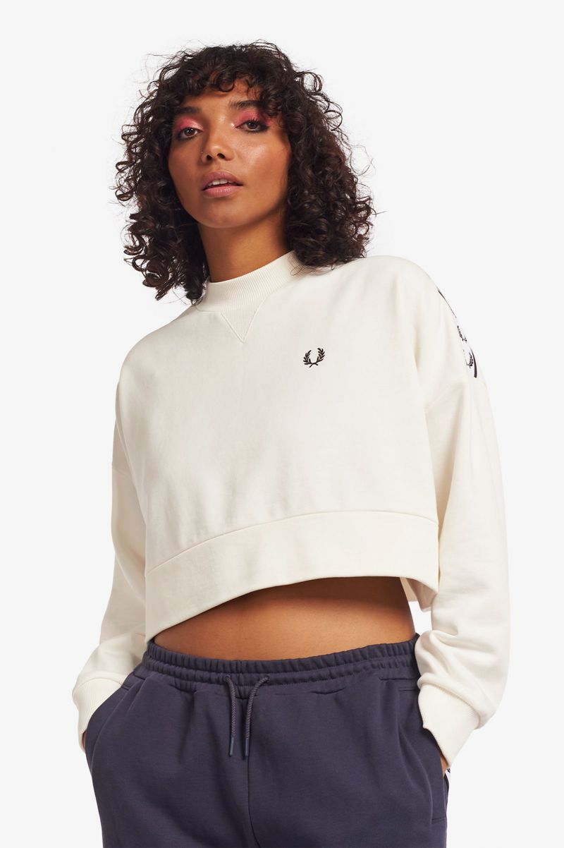 Women's Fred Perry Taped Sweatshirts White | 4869527-IY