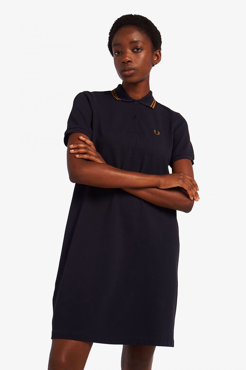 Women's Fred Perry Tartan Panel Piqué Dresses Navy | 1968352-ZN