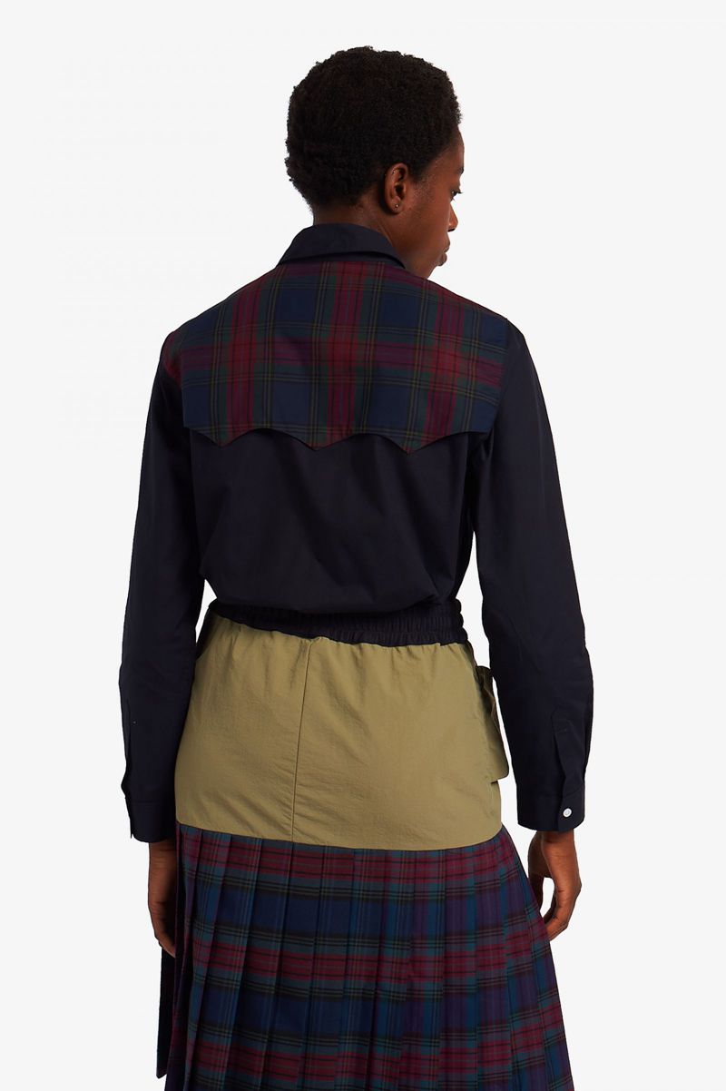 Women's Fred Perry Tartan Panel Shirts Navy | 4081756-WH