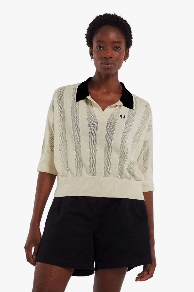 Women's Fred Perry Textured Stripe Knitted Shirts White | 8416097-BJ