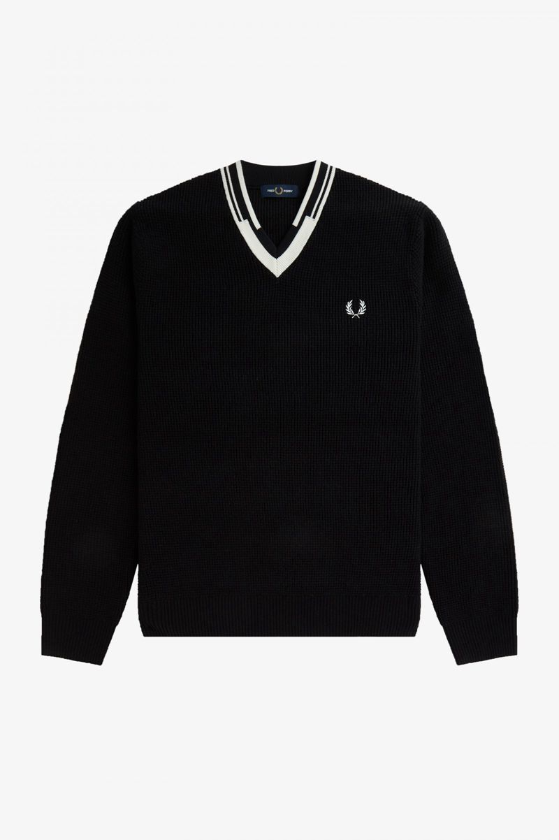 Men's Fred Perry Abstract Tipped V-Neck Jumper Knitwear Black | 3651492-MI