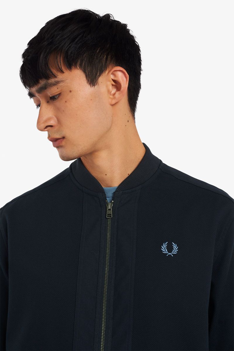 Men's Fred Perry Bomber Neck Zip Through Shirts Navy | 0541683-SP