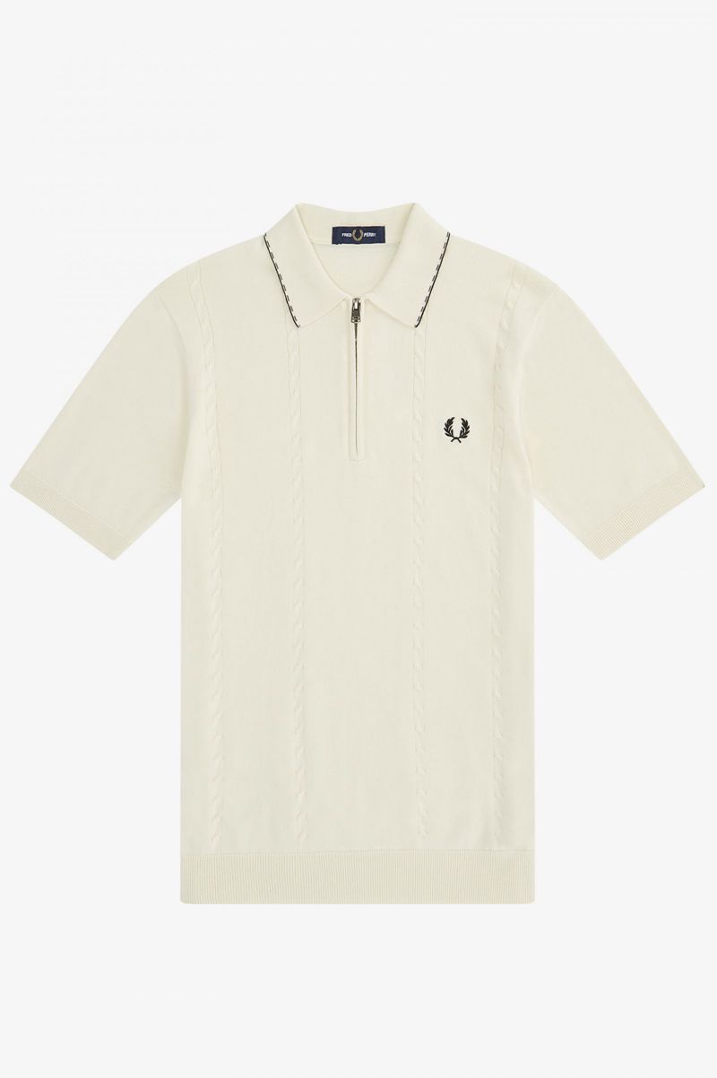 Men's Fred Perry Cable Detail Zip-Neck Knitted Shirts White | 9108643-NR