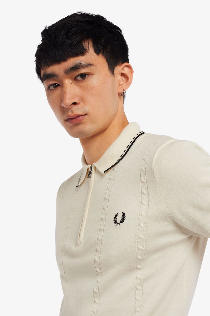 Men's Fred Perry Cable Detail Zip-Neck Knitted Shirts White | 9108643-NR