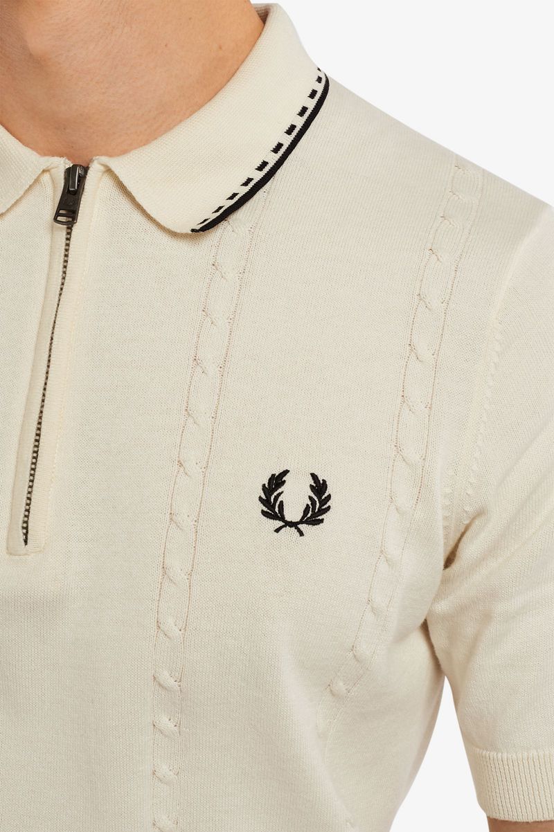 Men's Fred Perry Cable Detail Zip-Neck Knitted Shirts White | 9108643-NR